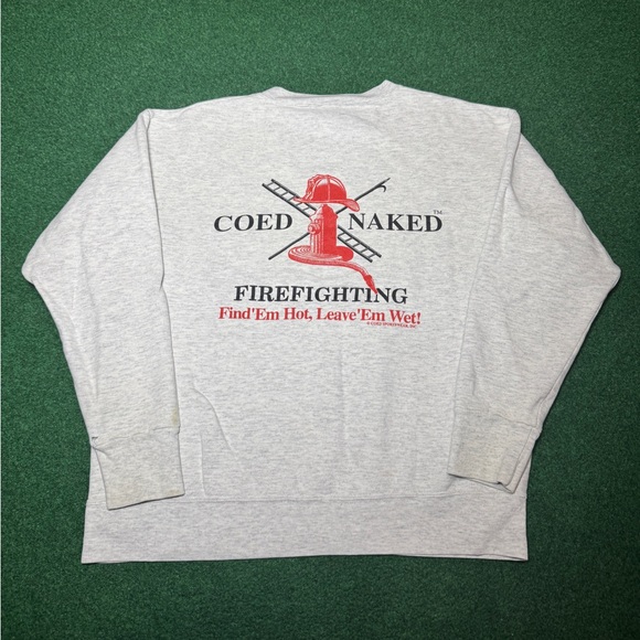 Vintage 90s Coed Naked Firefighting S/M Leave Em Wet Gray Crewneck Sweatshirt - Picture 1 of 10